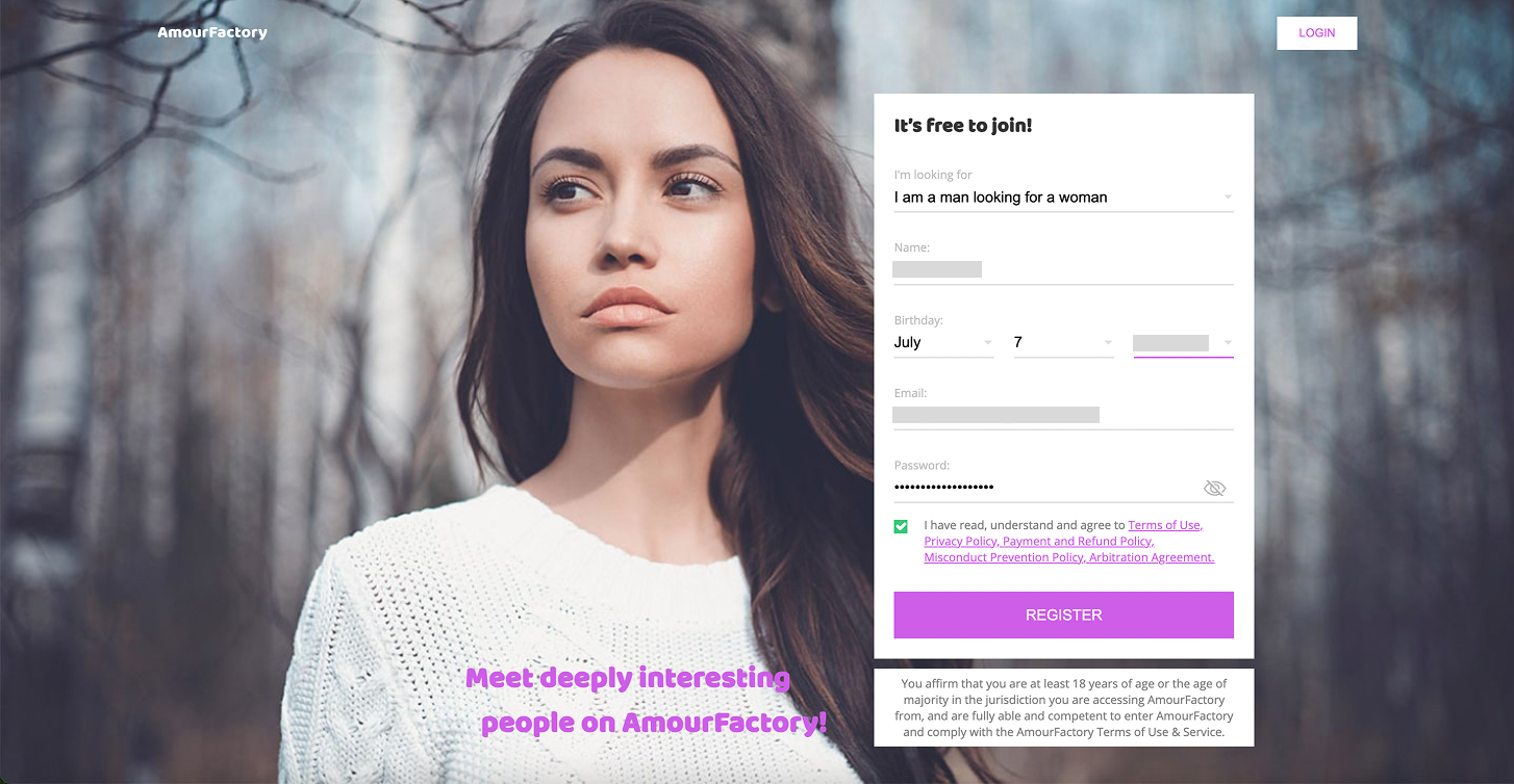 AmourFactory sign up process
