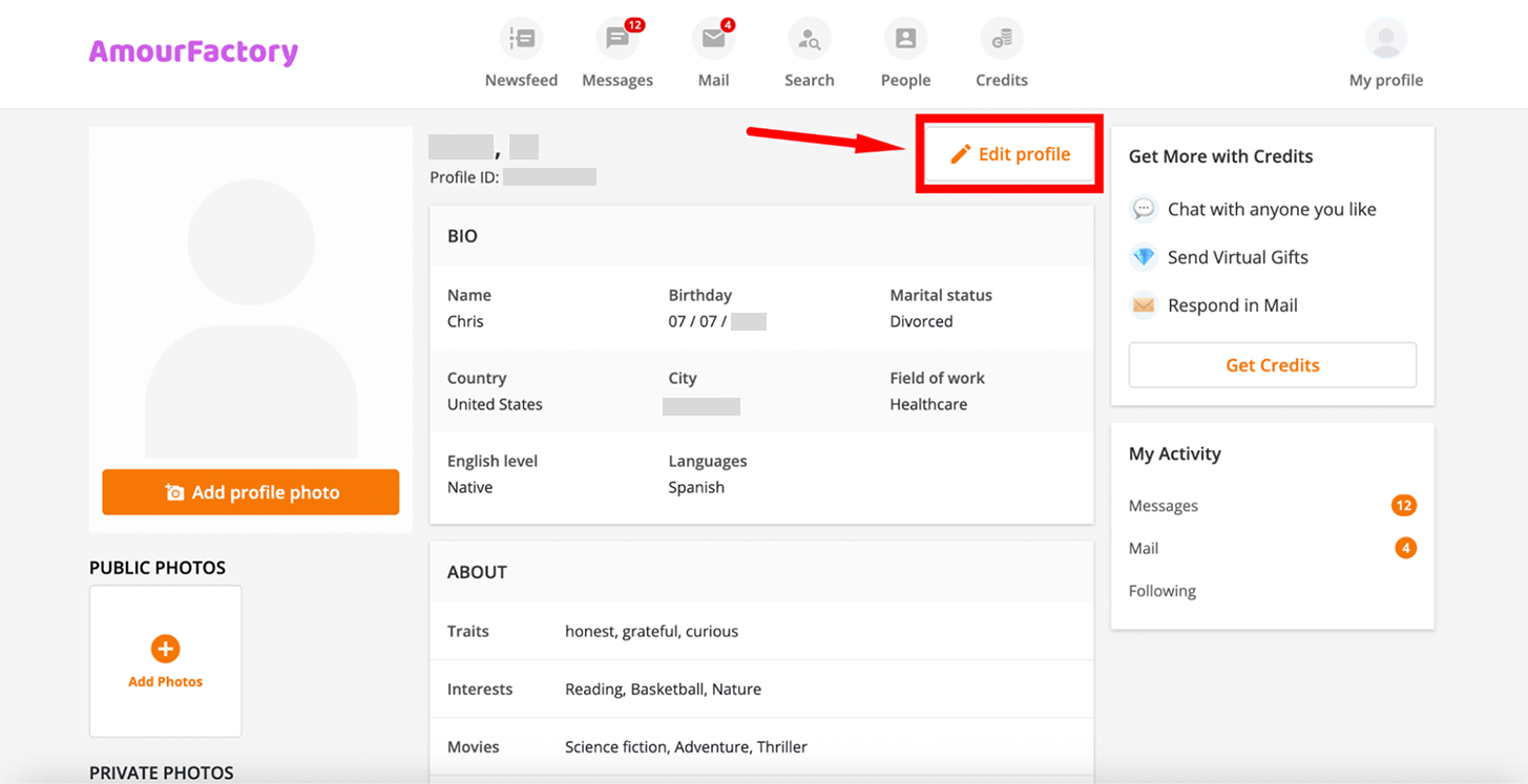 Edit your AmourFactory profile