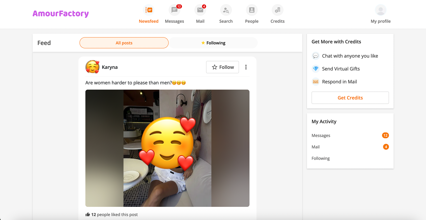 AmourFactory Newsfeed page look