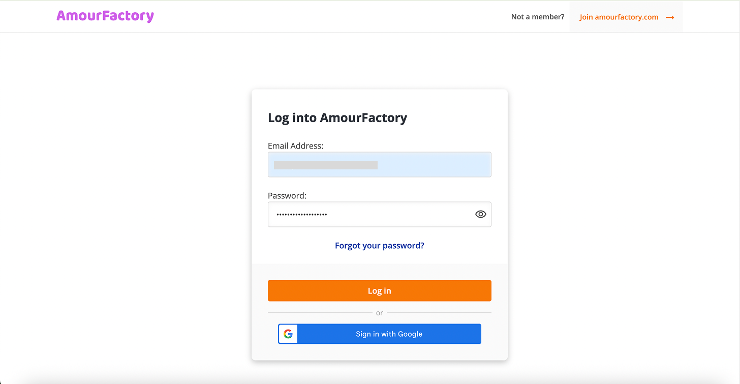 AmourFactory login page